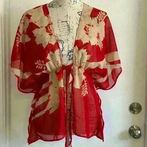 LOLA Floral Cover Up / Cardigan Sheer Red & Gold Sz XL - Mint EUC